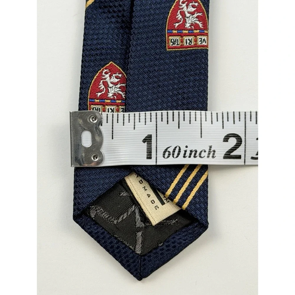 M. La Hart VTG Navy Blue Silk Harvard Striped Necktie Crest Pattern Made In USA
